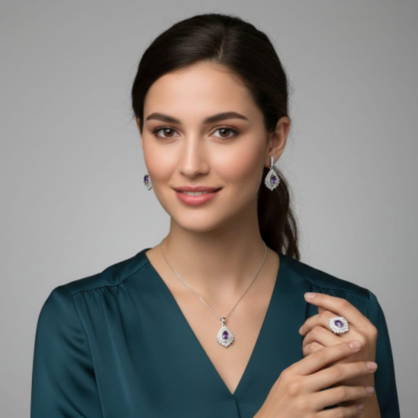 💜 Zarafetin Işıltısı: 925 Ayar Sterlin Gümüş, Ametist Taşlı Takı Seti (Kolye, Küpe, Yüzük)